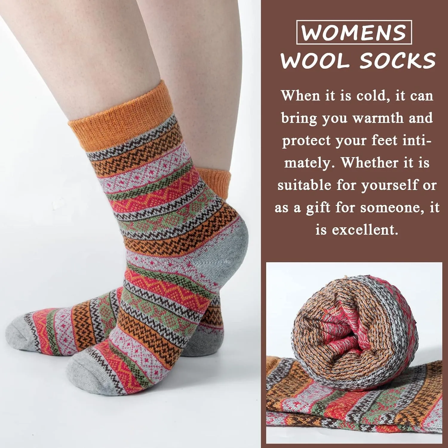 5 Pack Womens Wool Socks, Stocking Stuffers Gifts for Women Men Knit Warm Soft Crew Boot Sock for Winter Hiking