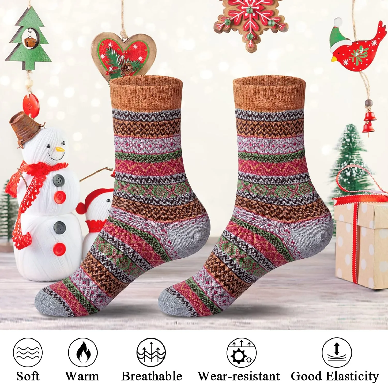 5 Pack Womens Wool Socks, Stocking Stuffers Gifts for Women Men Knit Warm Soft Crew Boot Sock for Winter Hiking