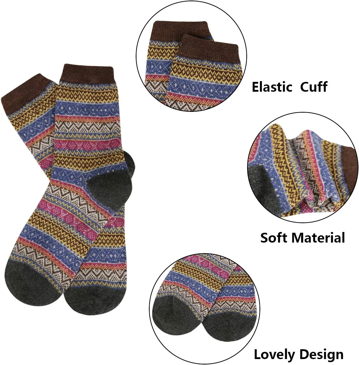 5 Pack Womens Wool Socks, Stocking Stuffers Gifts for Women Men Knit Warm Soft Crew Boot Sock for Winter Hiking