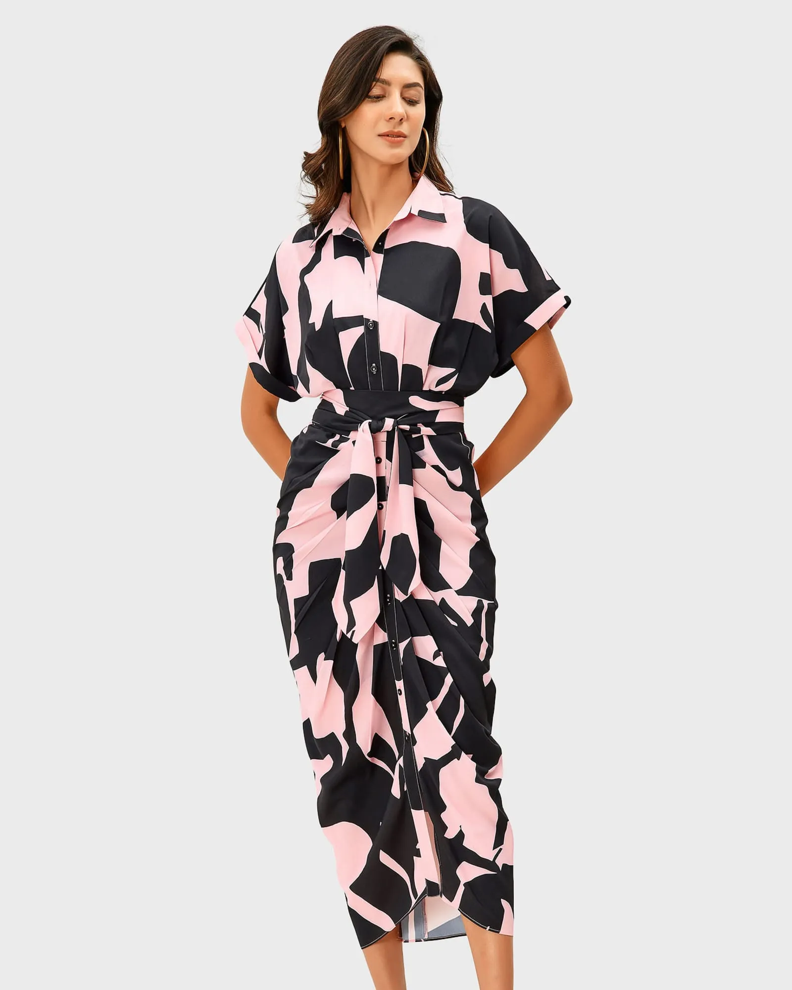 Abstract Print Crepe Pleated Sheath Shirtdress | Pink