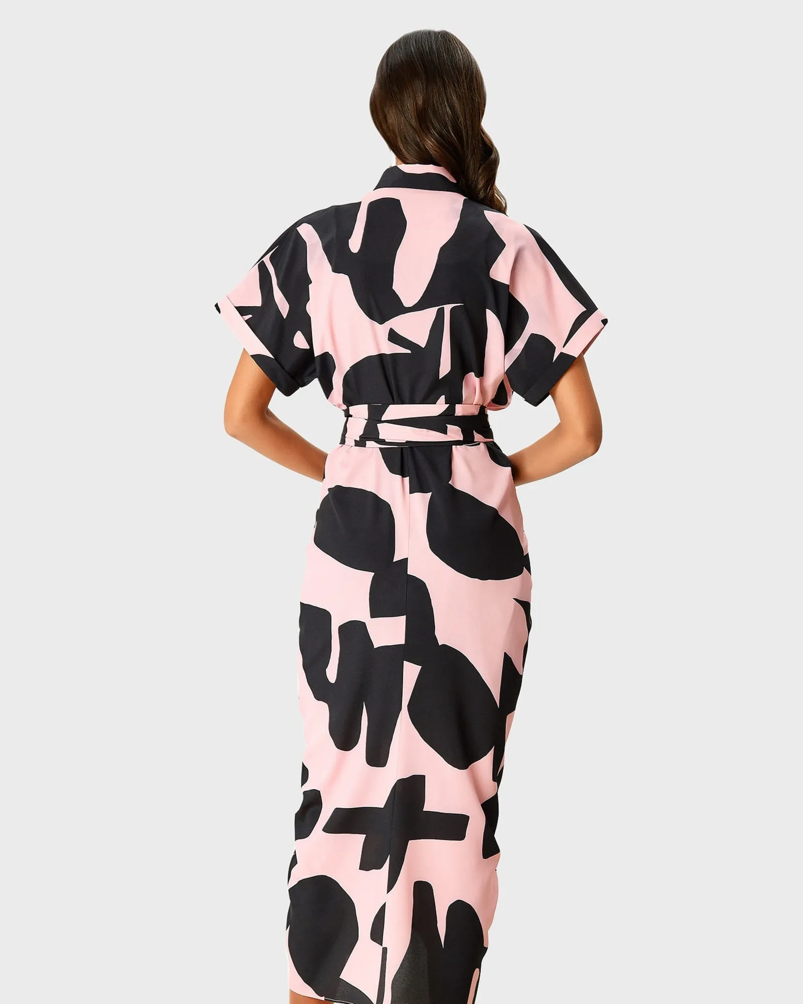 Abstract Print Crepe Pleated Sheath Shirtdress | Pink
