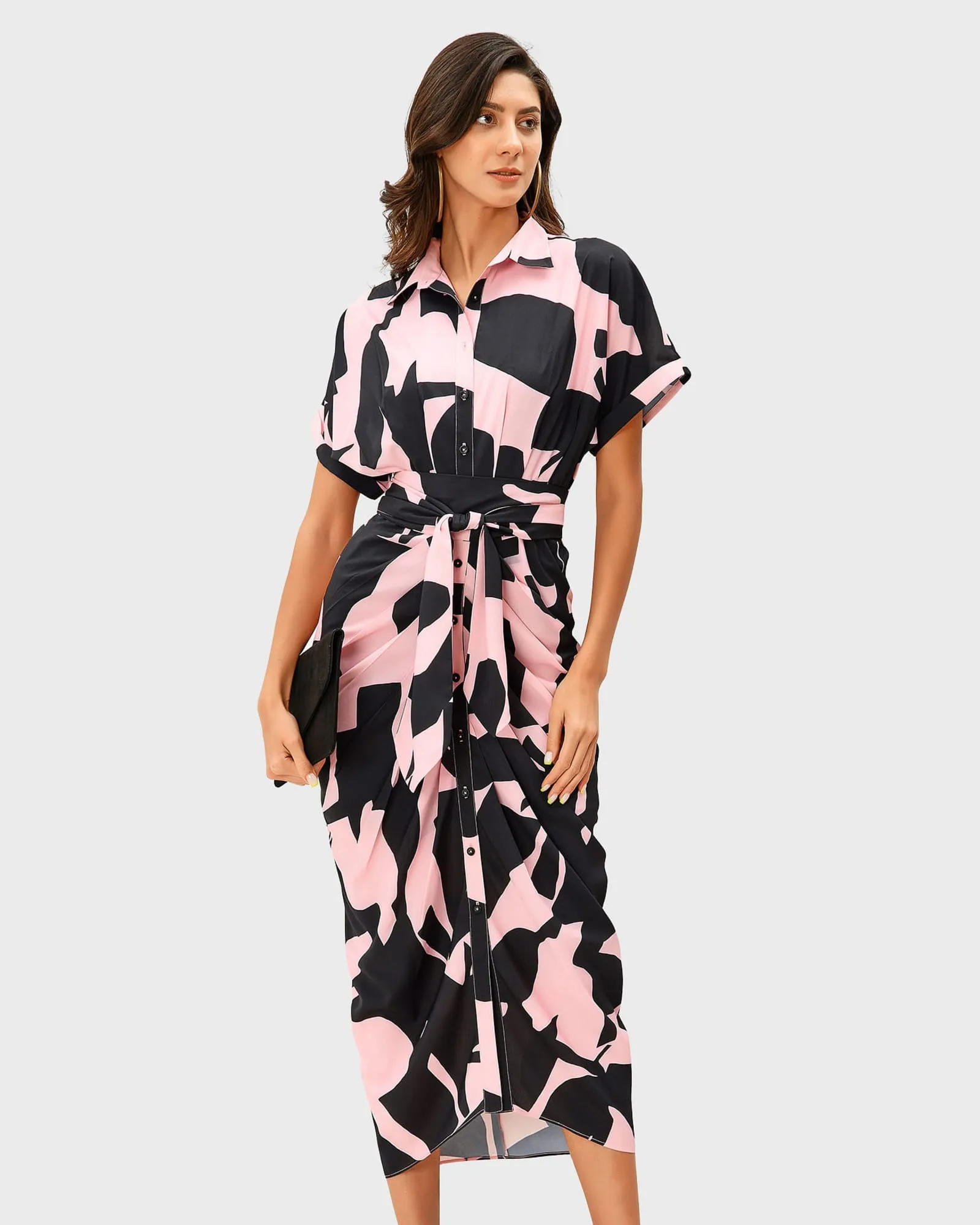 Abstract Print Crepe Pleated Sheath Shirtdress | Pink