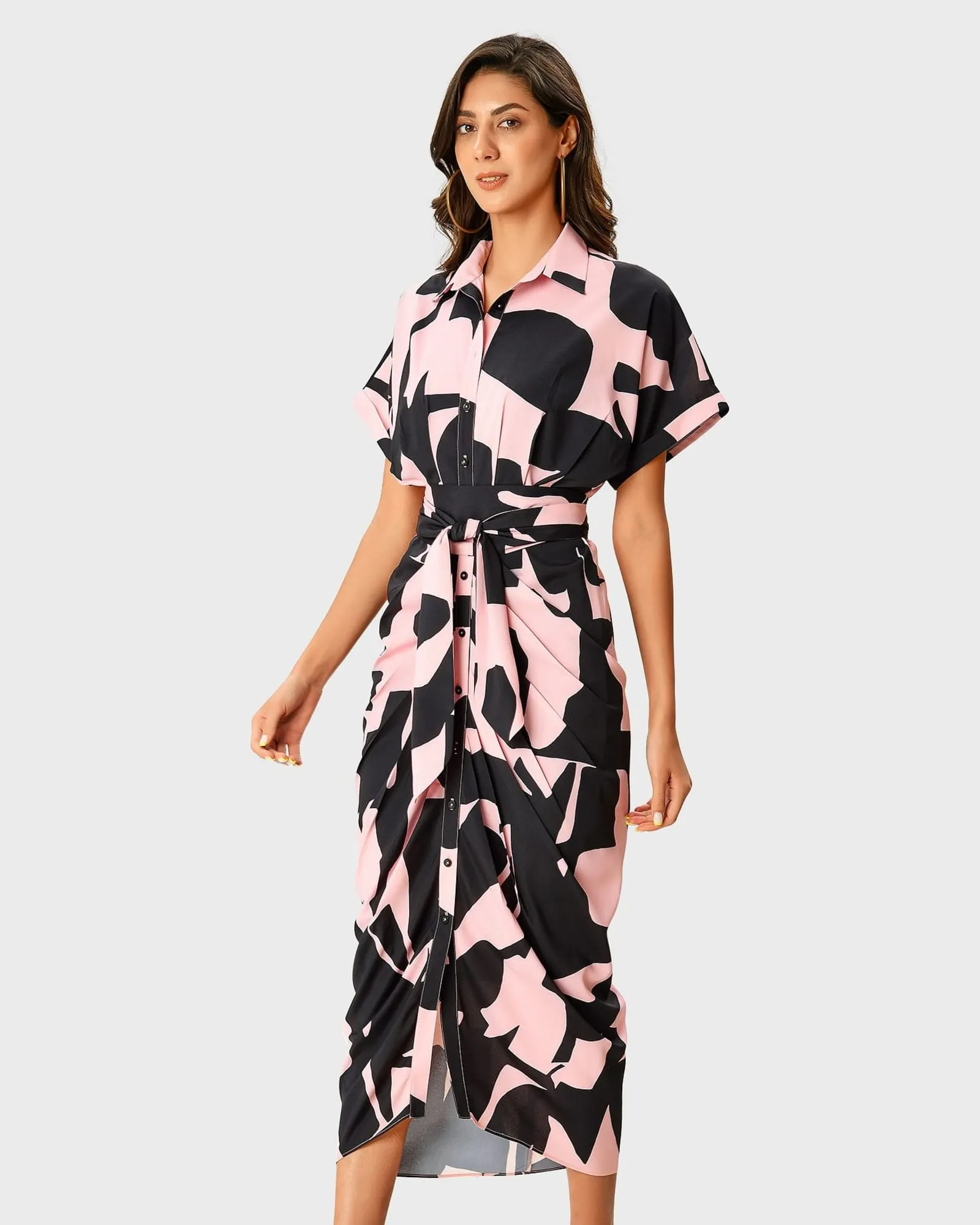 Abstract Print Crepe Pleated Sheath Shirtdress | Pink