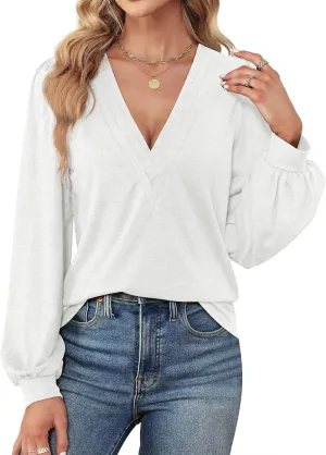 Agnes Urban Womens V Neck Long Sleeve Tops Dressy Casual Fall Shirts Puff Sleeve Loose Tunic Trendy Tops Blouses