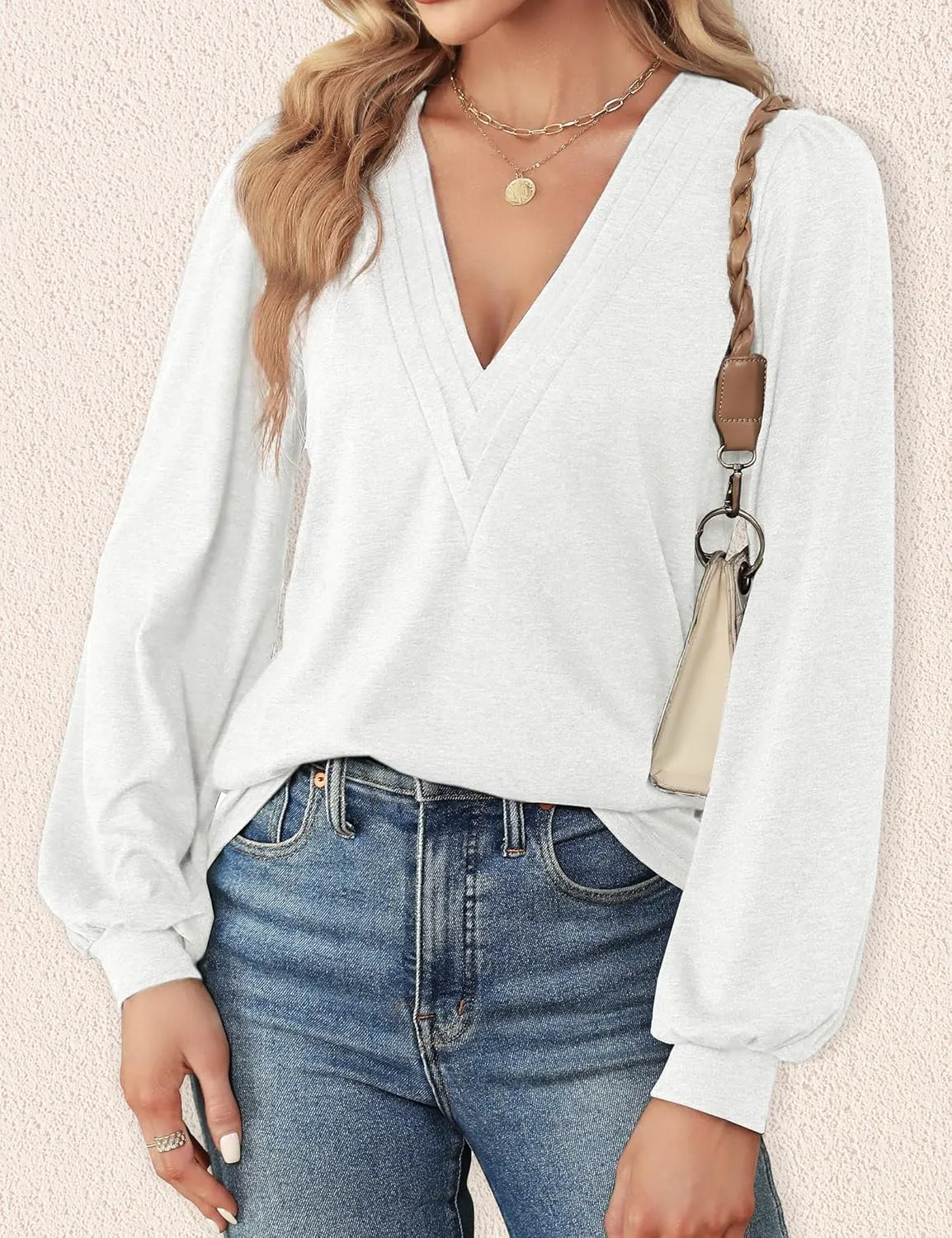 Agnes Urban Womens V Neck Long Sleeve Tops Dressy Casual Fall Shirts Puff Sleeve Loose Tunic Trendy Tops Blouses