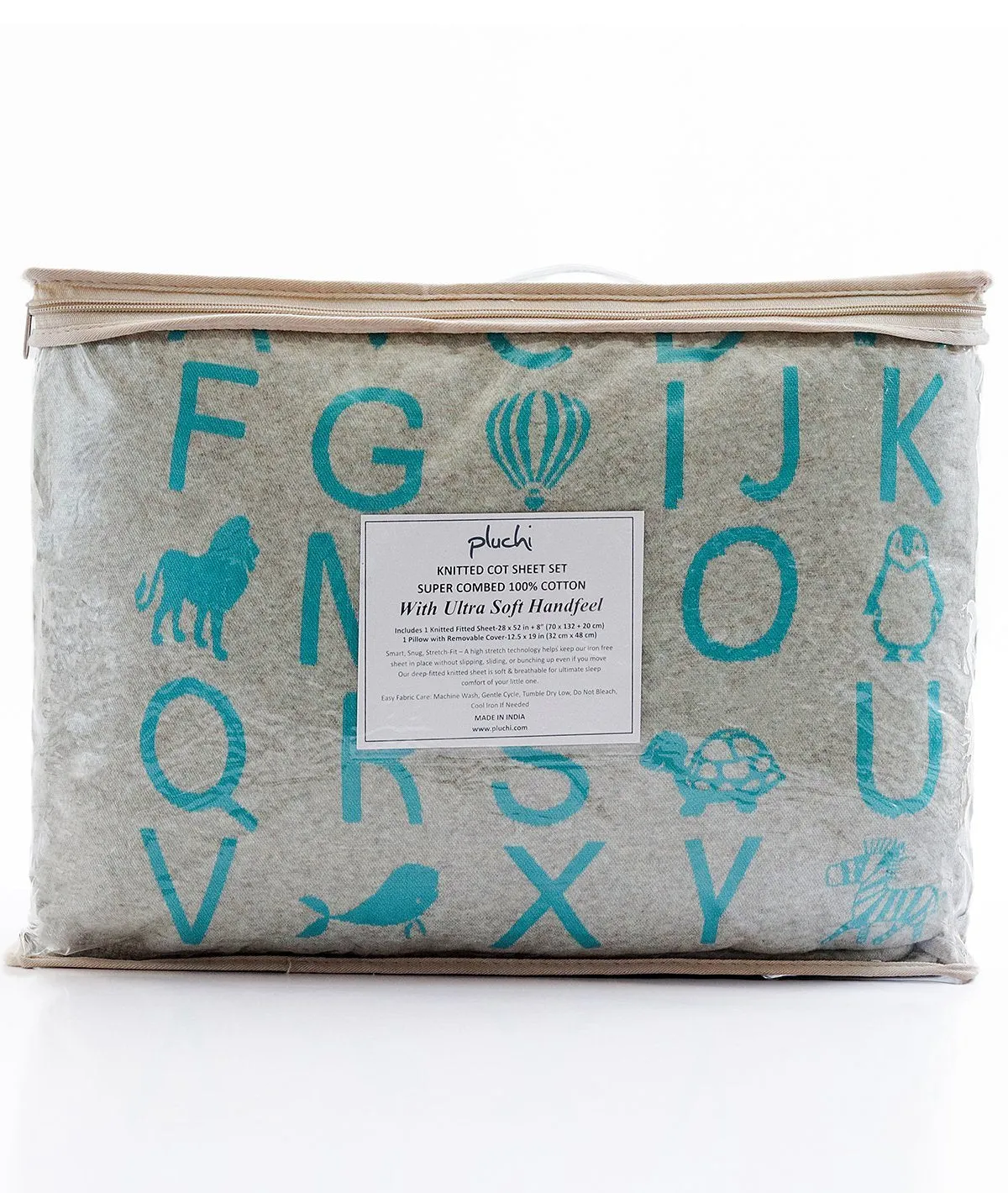 Alphabet Vanilla Grey Cotton Knitted Cot Sheet & Pillow Set for Babies