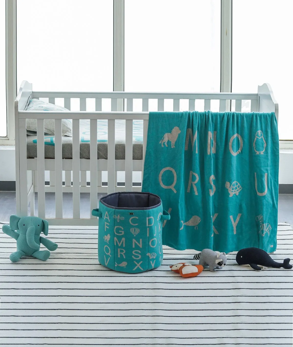 Alphabet Vanilla Grey Cotton Knitted Cot Sheet & Pillow Set for Babies
