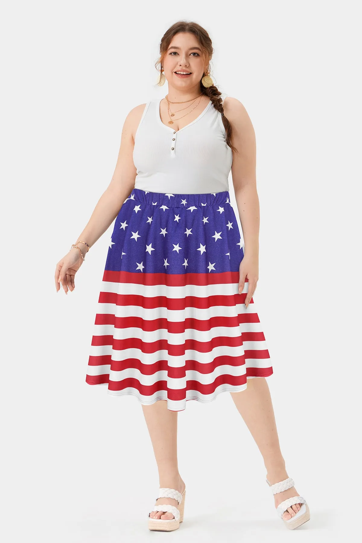 American Flag Drawstring Elasticated Waist Midi Skirt