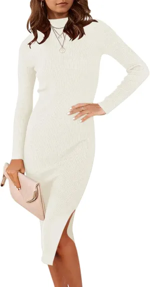ANRABESS Women Long Sleeve Turtleneck Slim Fit Ribbed Knit Slit Cocktail Party Sweater Midi Dress 2024 Trendy Fall Outfits
