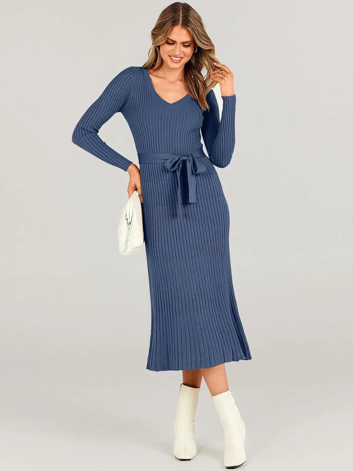 ANRABESS Women Long Sleeve V Neck A-line Tie Waist Slim Fit Ribbed Knit Bodycon Midi Sweater Dress 2025 Fall Trendy Outfits