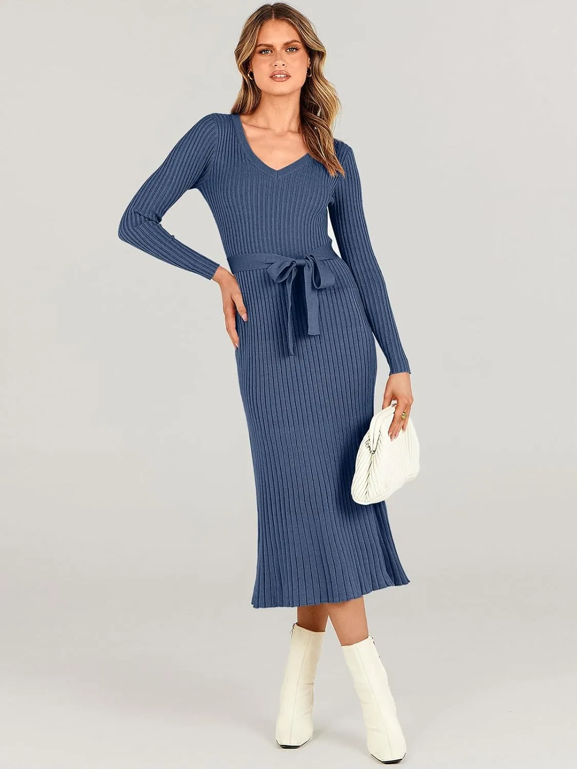 ANRABESS Women Long Sleeve V Neck A-line Tie Waist Slim Fit Ribbed Knit Bodycon Midi Sweater Dress 2025 Fall Trendy Outfits