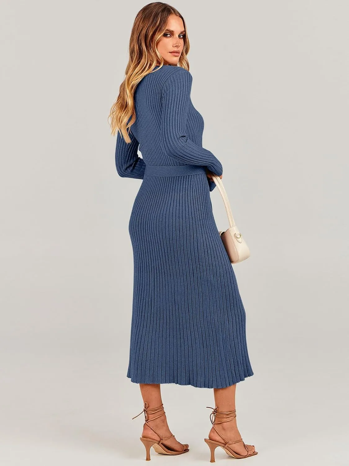 ANRABESS Women Long Sleeve V Neck A-line Tie Waist Slim Fit Ribbed Knit Bodycon Midi Sweater Dress 2025 Fall Trendy Outfits