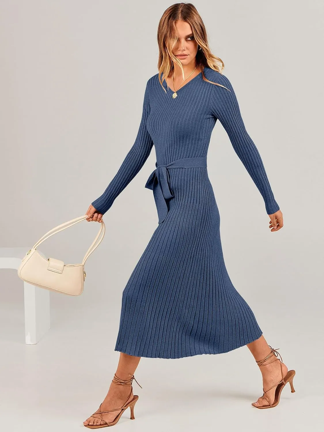 ANRABESS Women Long Sleeve V Neck A-line Tie Waist Slim Fit Ribbed Knit Bodycon Midi Sweater Dress 2025 Fall Trendy Outfits