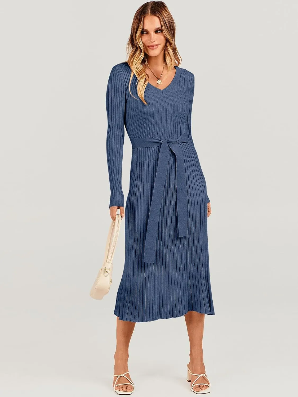 ANRABESS Women Long Sleeve V Neck A-line Tie Waist Slim Fit Ribbed Knit Bodycon Midi Sweater Dress 2025 Fall Trendy Outfits