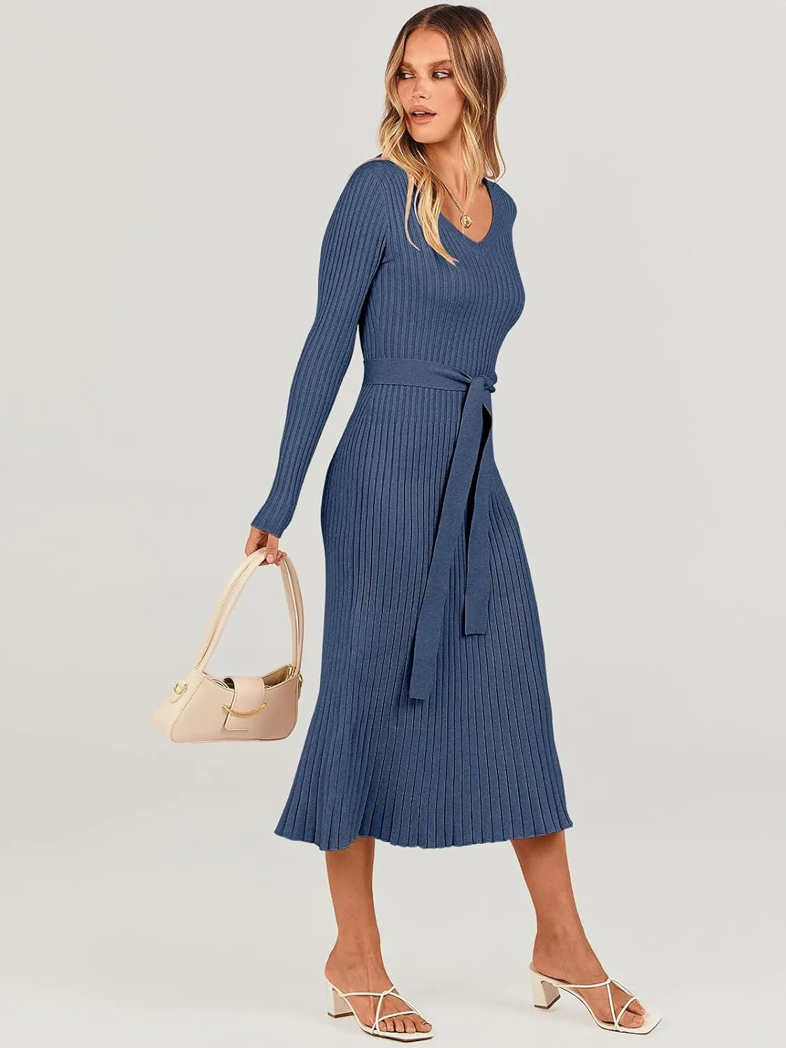ANRABESS Women Long Sleeve V Neck A-line Tie Waist Slim Fit Ribbed Knit Bodycon Midi Sweater Dress 2025 Fall Trendy Outfits