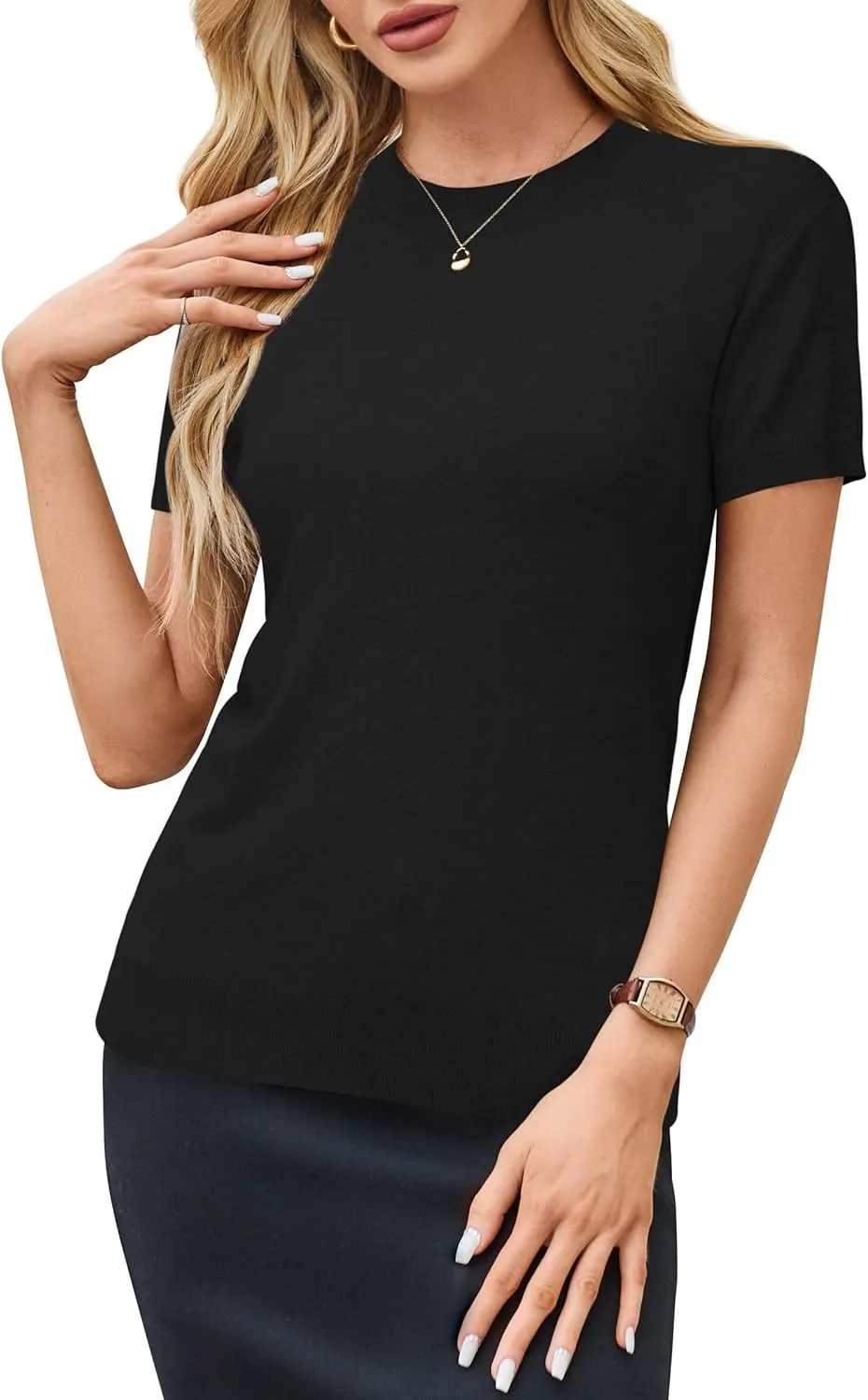 Arach&Cloz Women's Wool Blend Loose Fit Soft Summer Sweater Short Sleeve Crew Neck Casual Pullover Tops Trendy Outfits 2025