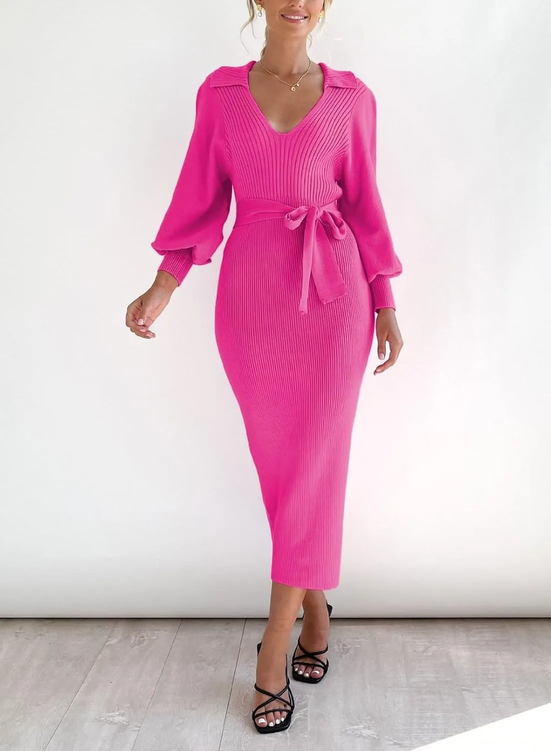 ARTFREE Women's Ribbed Sweater Wrap Dress Elegant Long Sleeve V Neck Knit Bodycon Maxi Dresses with Belt
