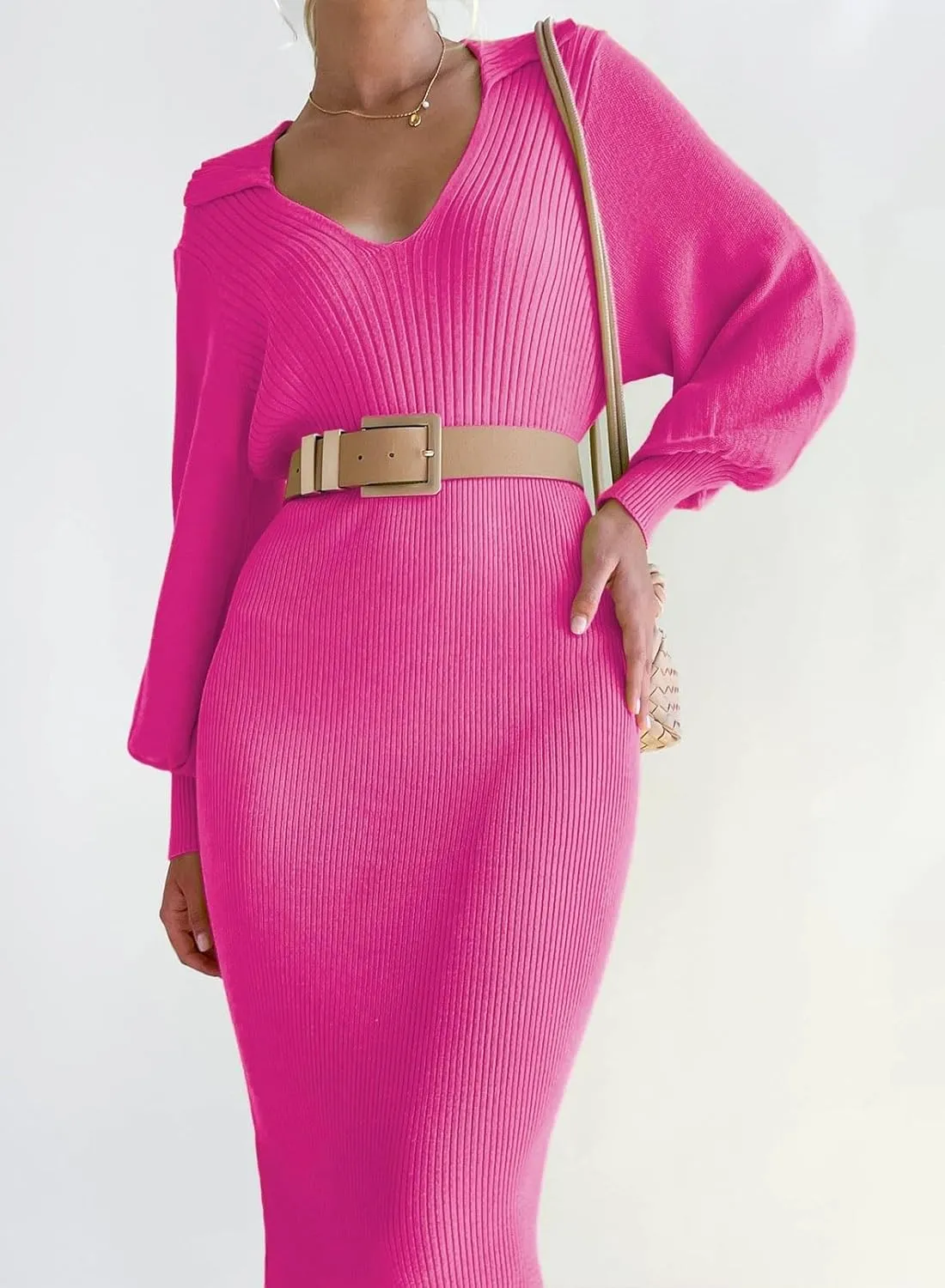 ARTFREE Women's Ribbed Sweater Wrap Dress Elegant Long Sleeve V Neck Knit Bodycon Maxi Dresses with Belt