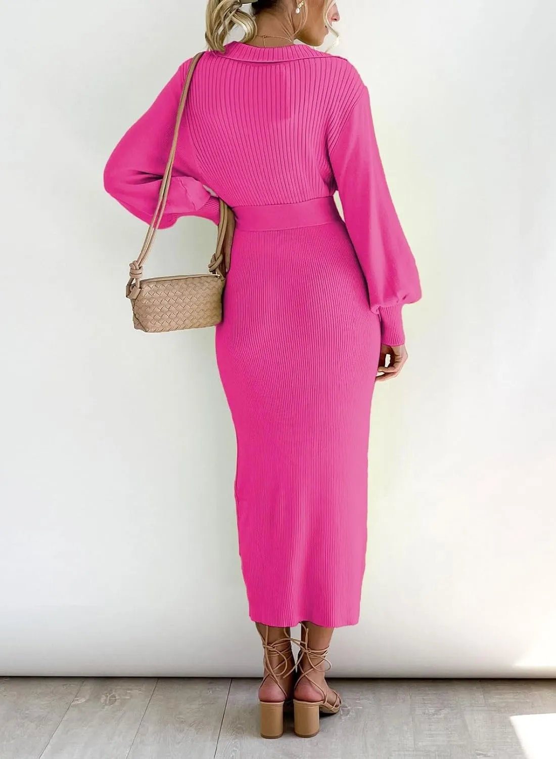 ARTFREE Women's Ribbed Sweater Wrap Dress Elegant Long Sleeve V Neck Knit Bodycon Maxi Dresses with Belt