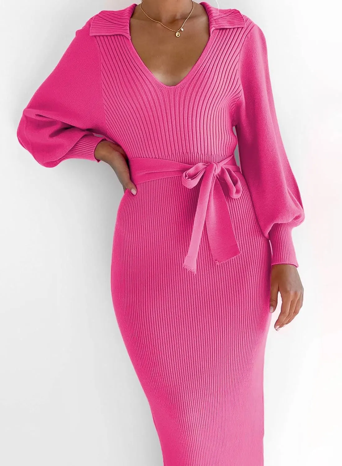 ARTFREE Women's Ribbed Sweater Wrap Dress Elegant Long Sleeve V Neck Knit Bodycon Maxi Dresses with Belt