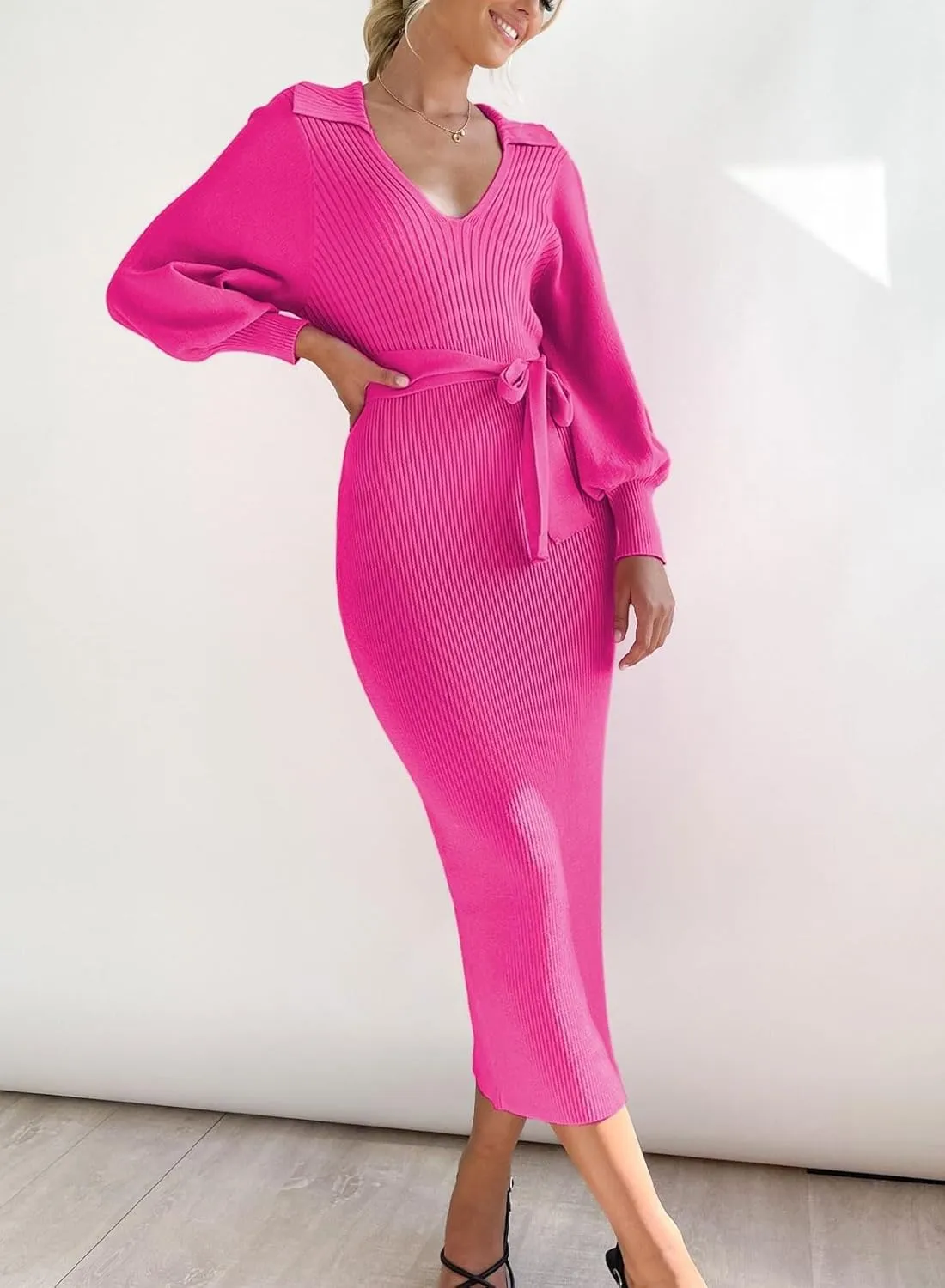 ARTFREE Women's Ribbed Sweater Wrap Dress Elegant Long Sleeve V Neck Knit Bodycon Maxi Dresses with Belt