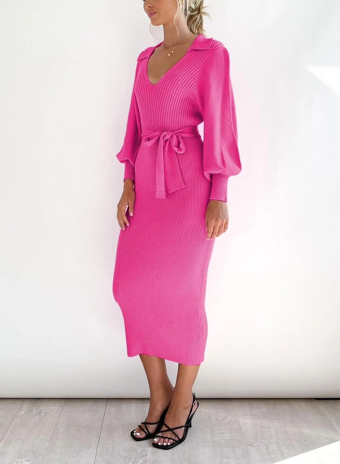 ARTFREE Women's Ribbed Sweater Wrap Dress Elegant Long Sleeve V Neck Knit Bodycon Maxi Dresses with Belt