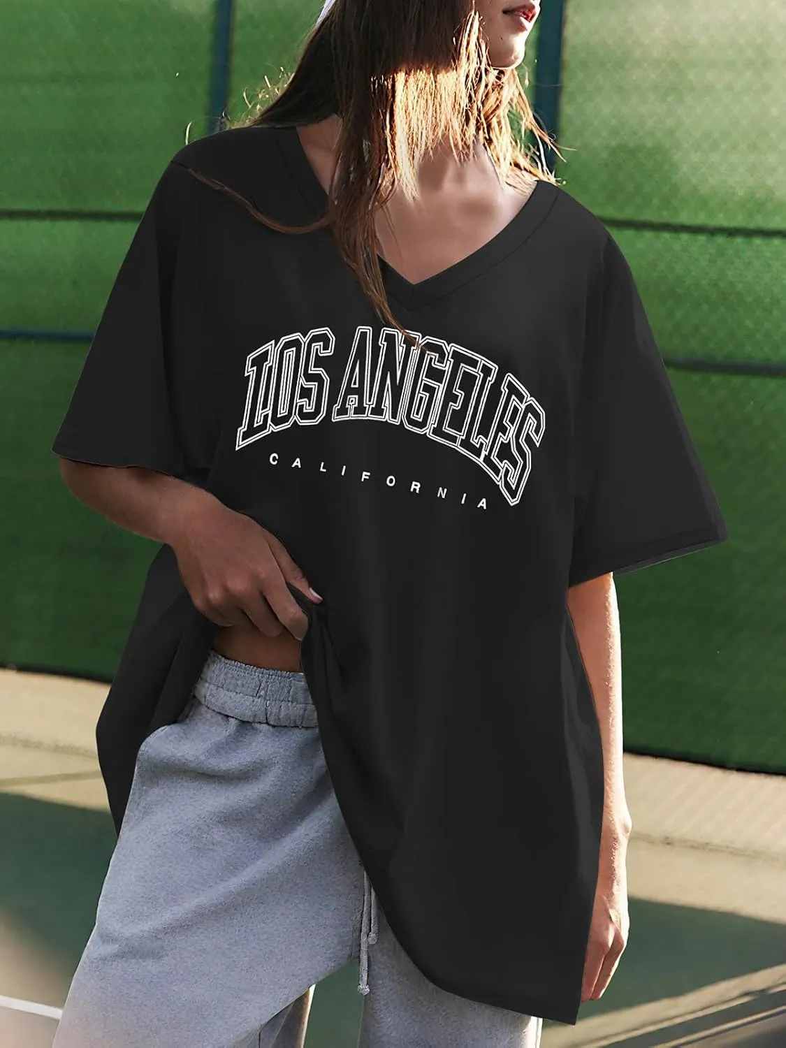 ATHMILE Womens Summer Oversized Shirts V Neck Business Casual Workout Tops Beach Vacation 2025 Gym Clothes