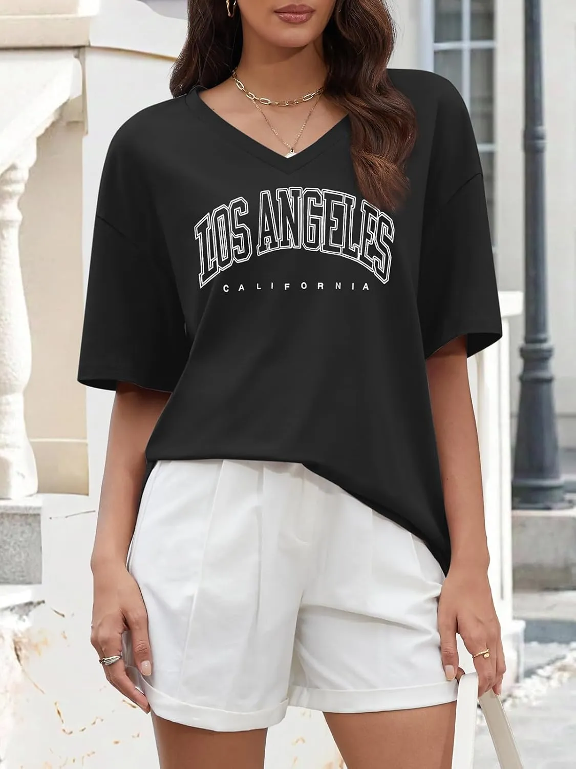 ATHMILE Womens Summer Oversized Shirts V Neck Business Casual Workout Tops Beach Vacation 2025 Gym Clothes