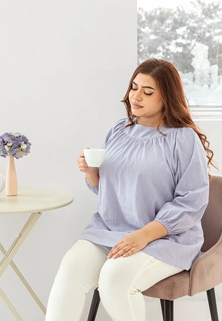 Babetta Round Neck Textured Cotton Blouse - Dark Blue