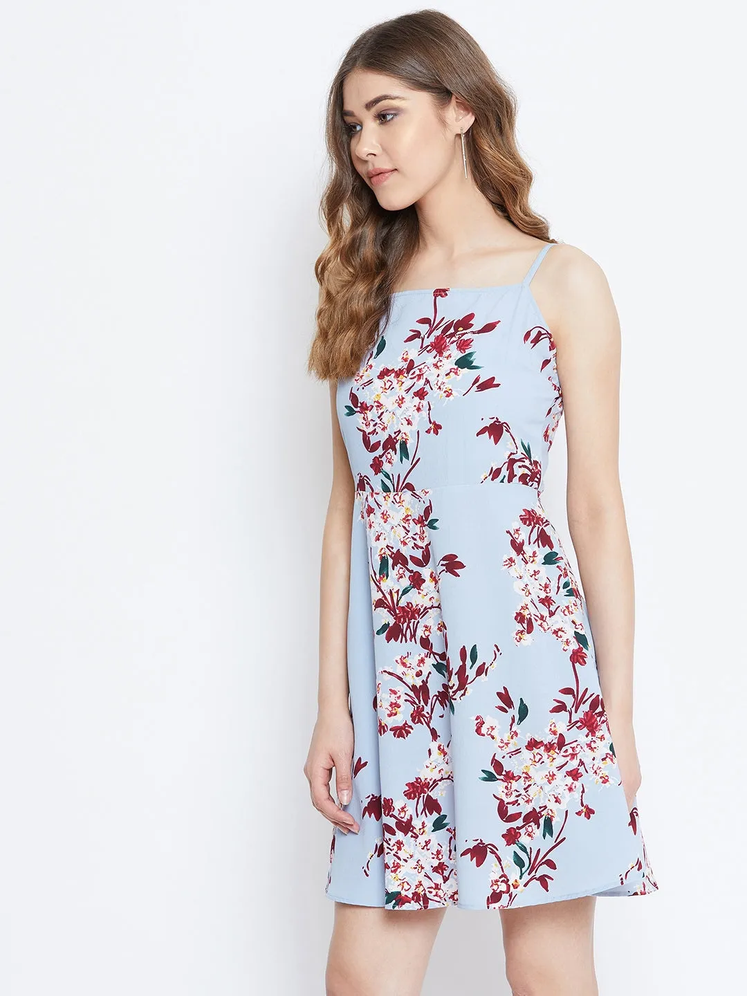 Berrylush Women Blue Floral Printed Square Neck A-Line Mini Dress