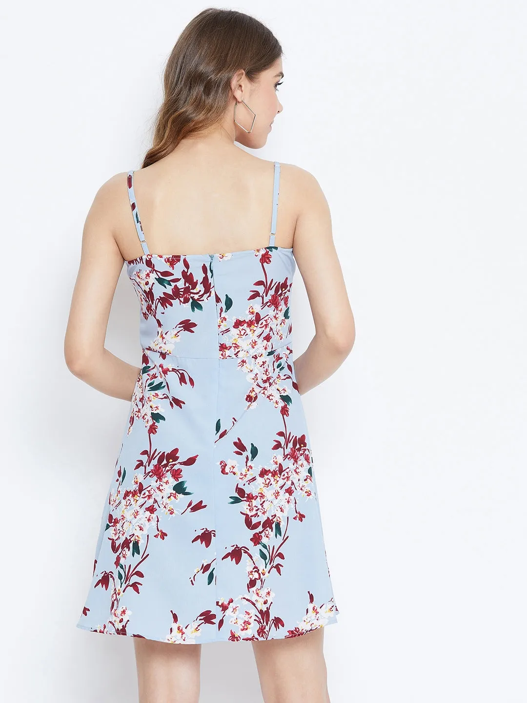 Berrylush Women Blue Floral Printed Square Neck A-Line Mini Dress