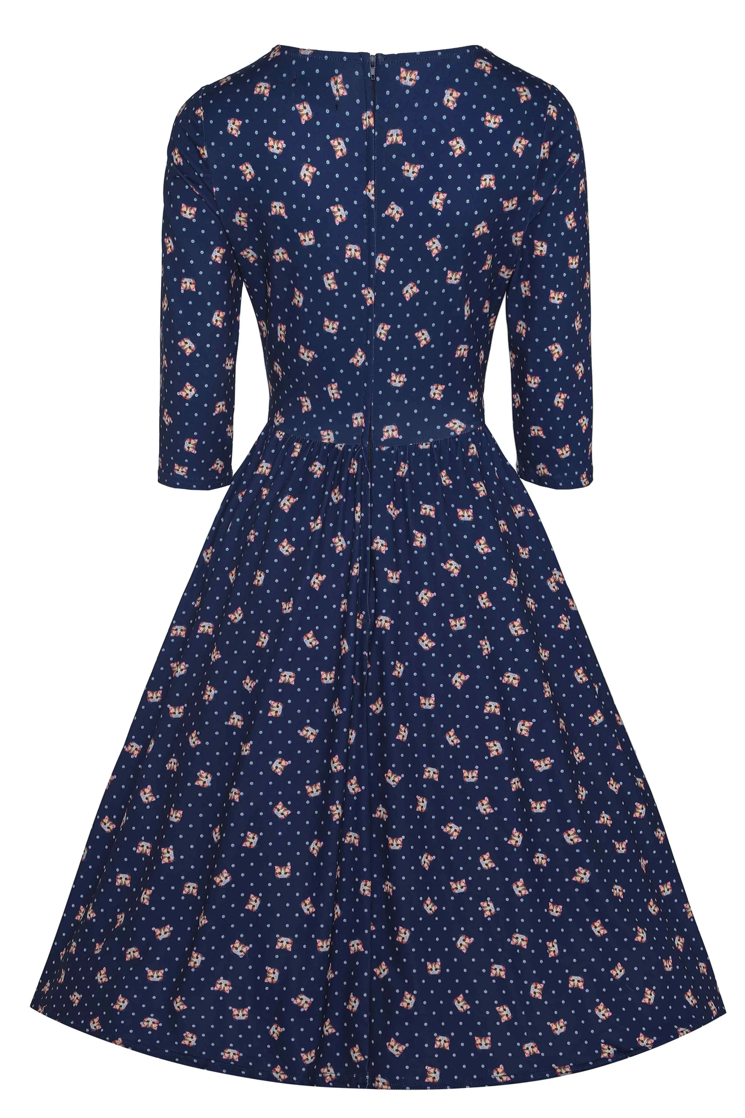 Billie Cat Face Blue Long Sleeved Dress