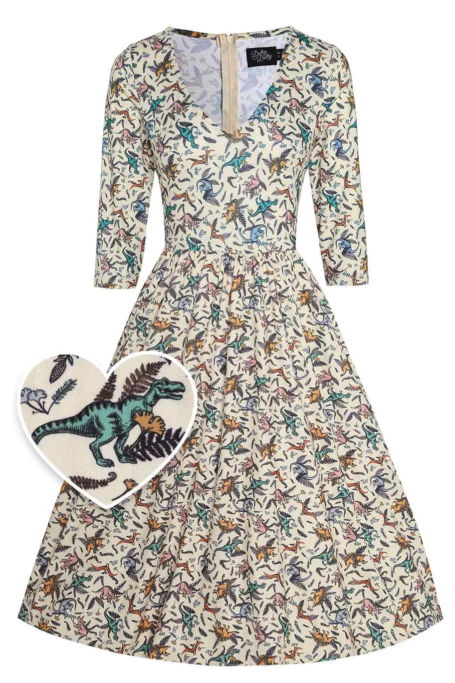 Billie Dinosaur Beige Long Sleeved Dress