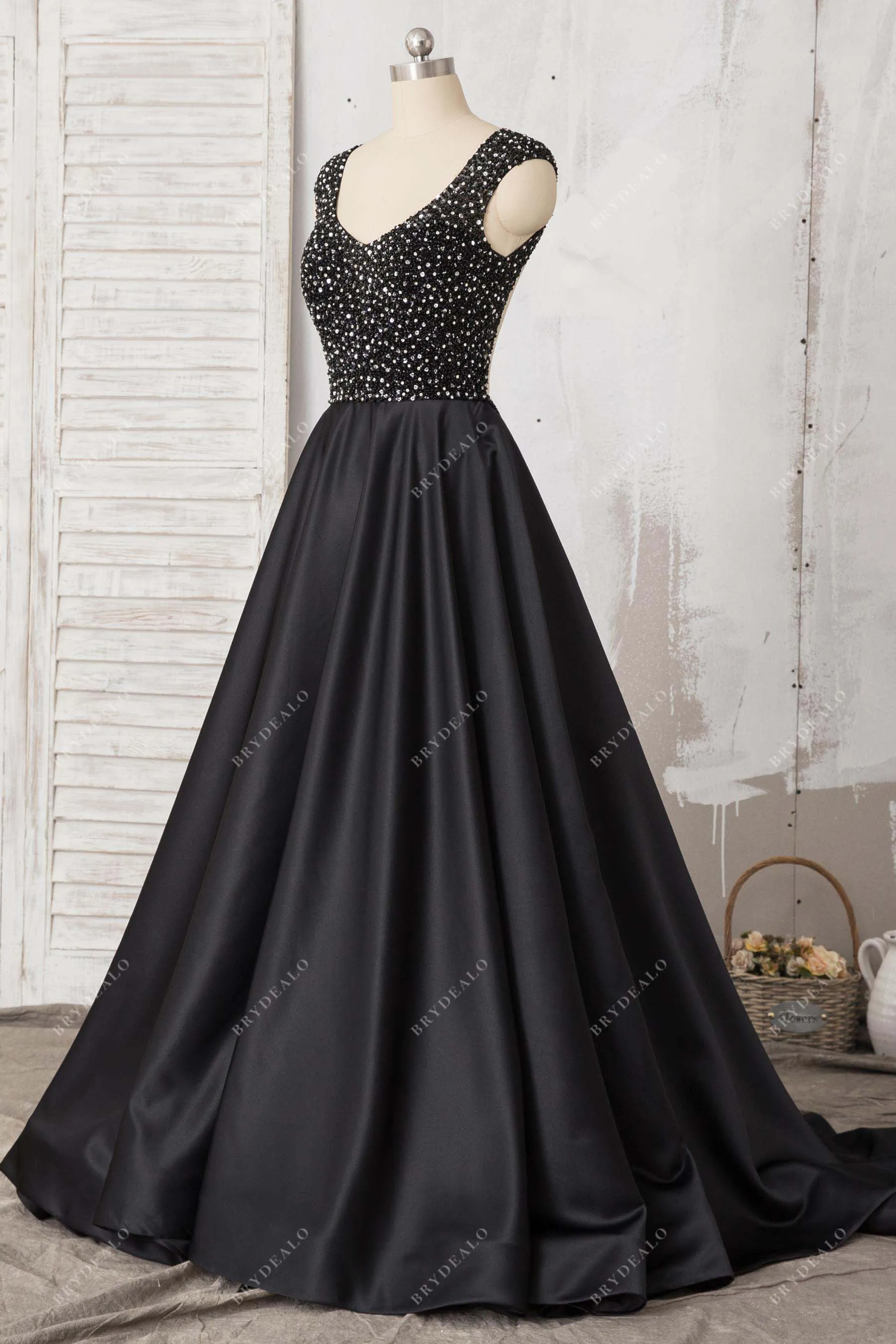 Black Cap Sleeve Beaded Satin A-line Formal Dress