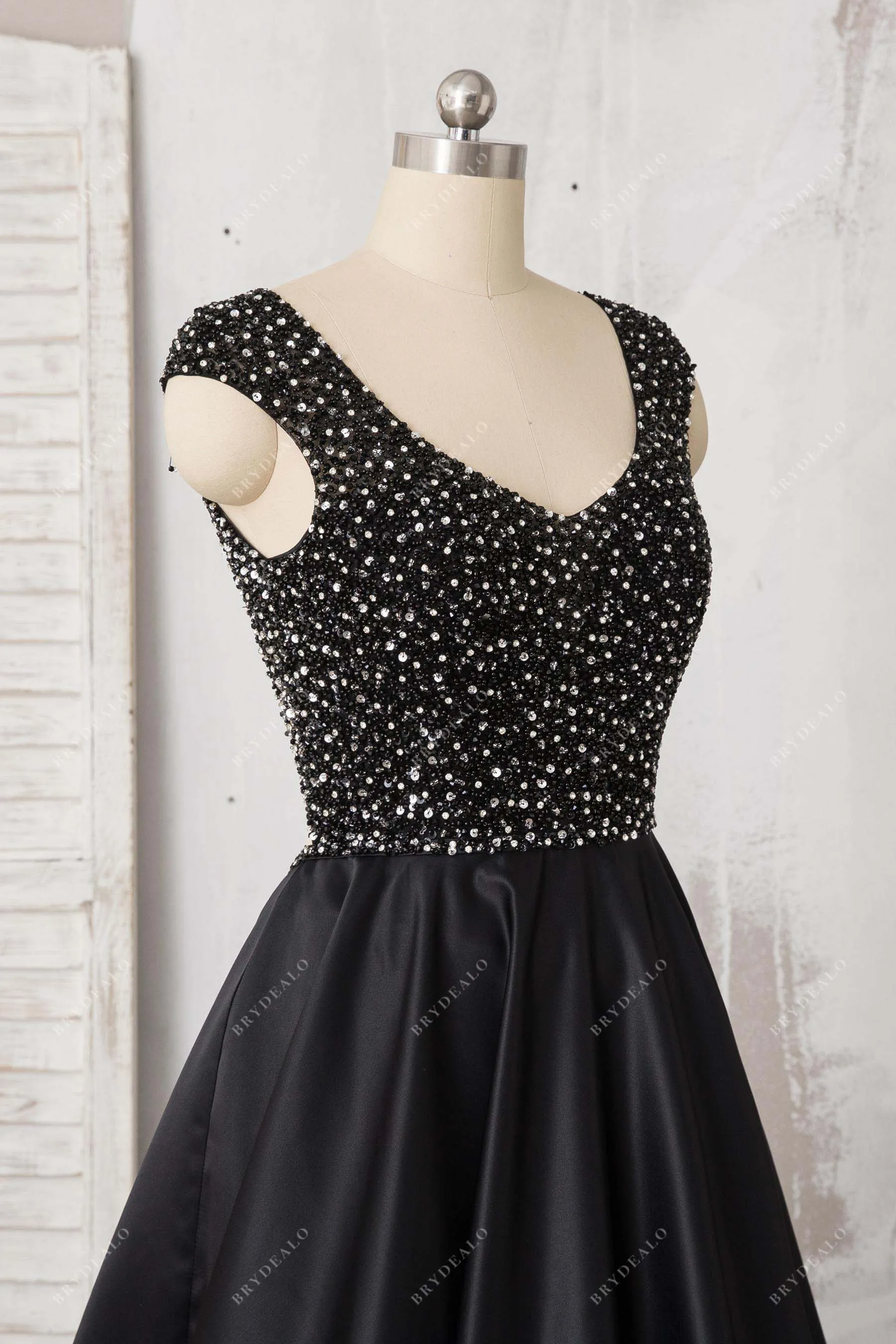 Black Cap Sleeve Beaded Satin A-line Formal Dress