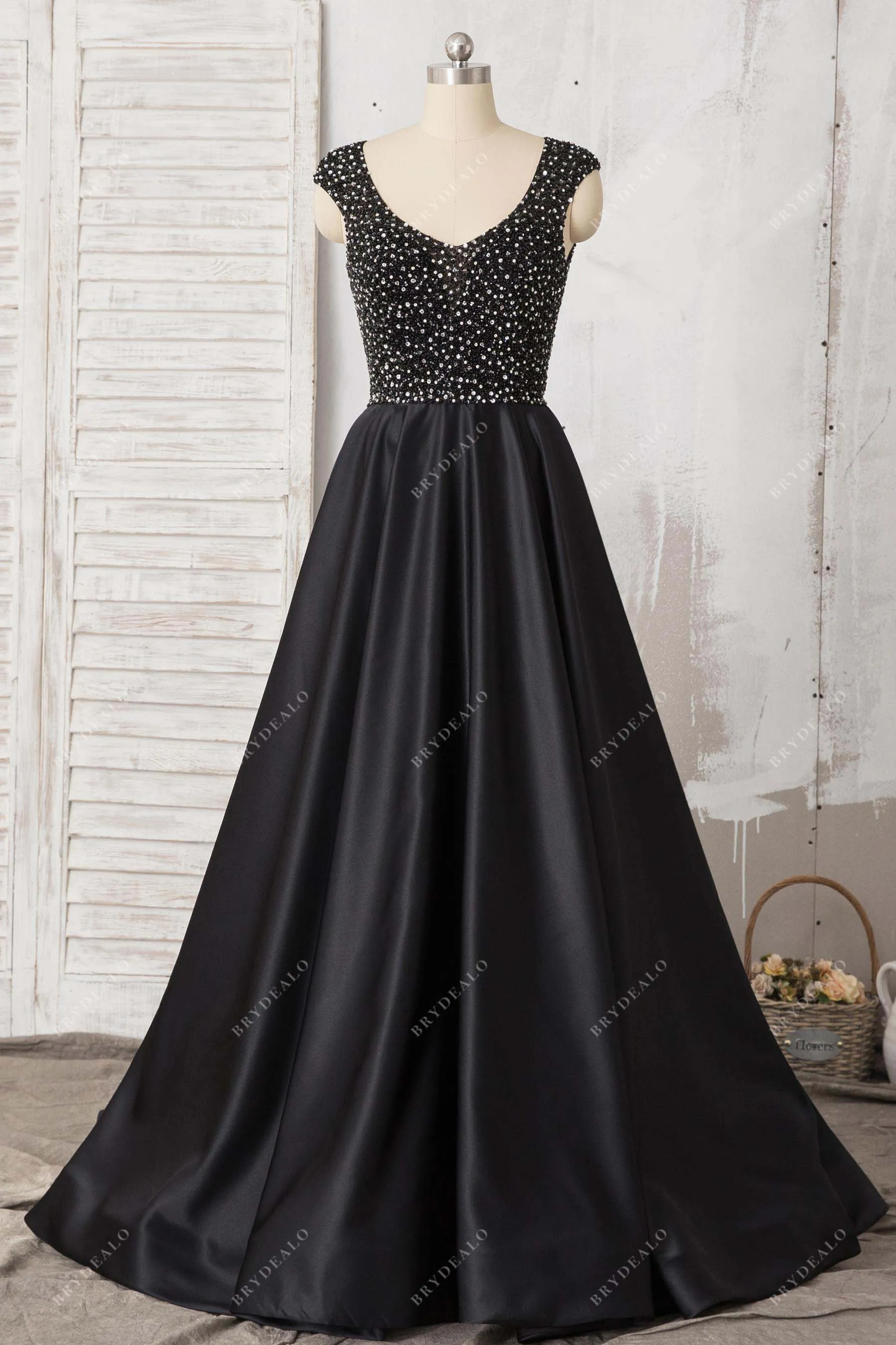 Black Cap Sleeve Beaded Satin A-line Formal Dress