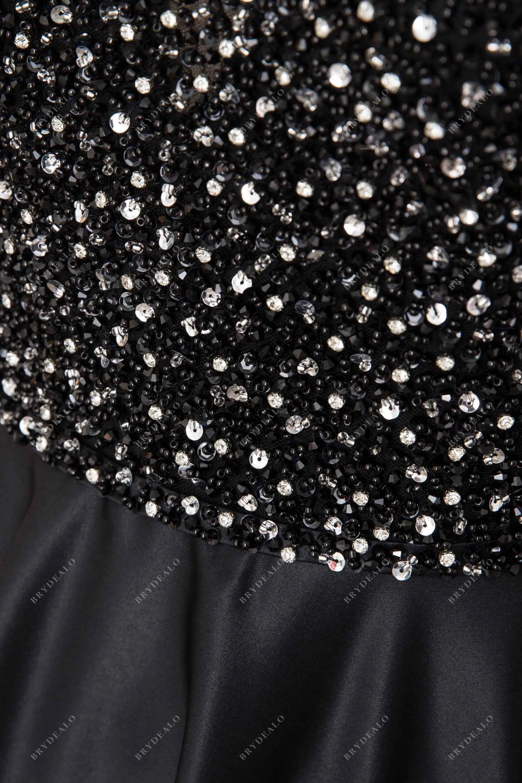 Black Cap Sleeve Beaded Satin A-line Formal Dress