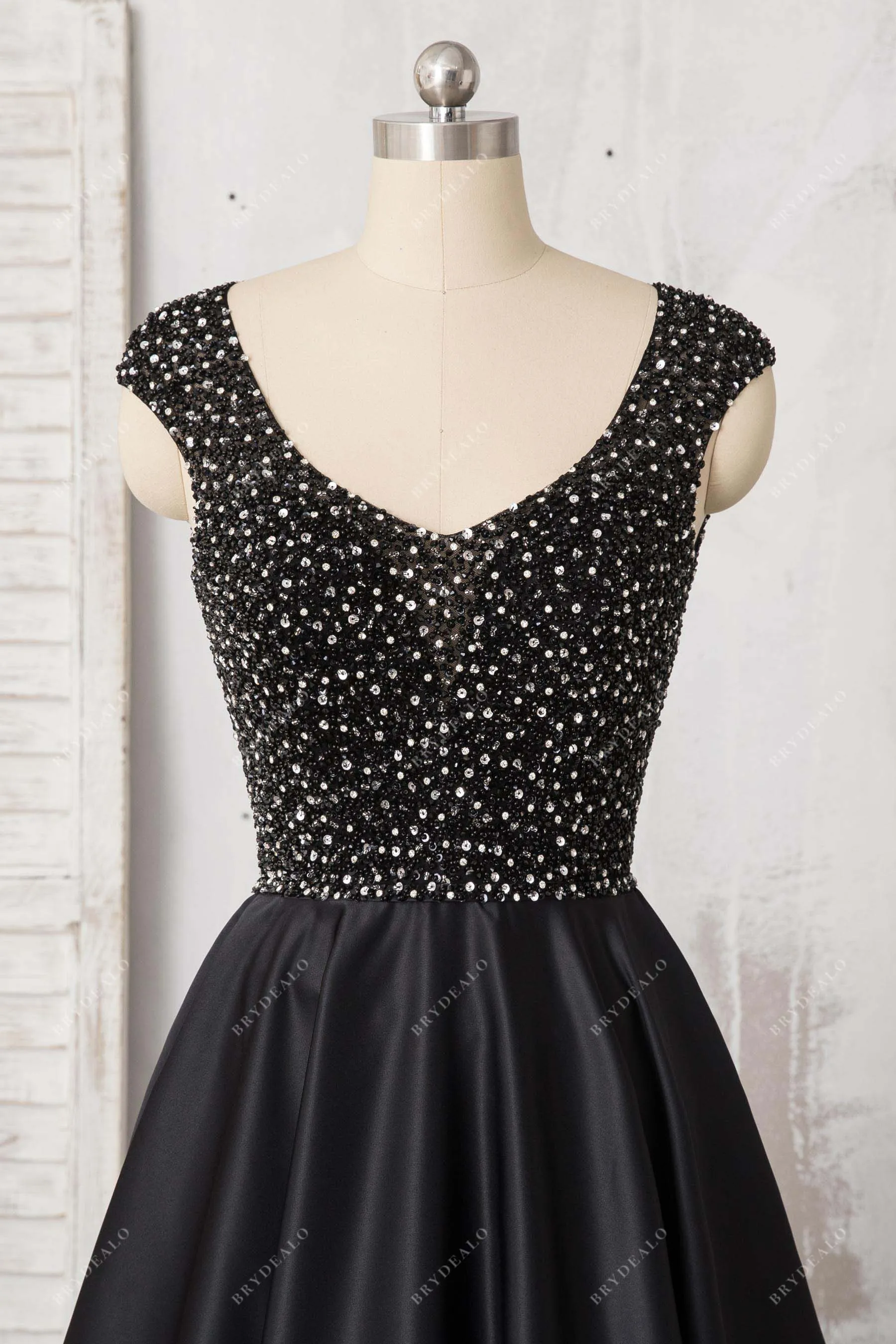 Black Cap Sleeve Beaded Satin A-line Formal Dress
