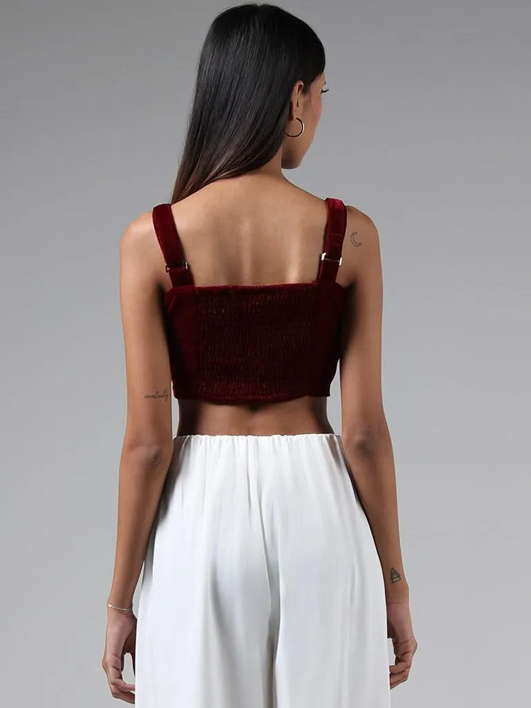 Bombay Paisley Maroon Floral Embroidered Velvet Crop Top