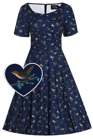 Brenda Navy Blue Bird Print Dress