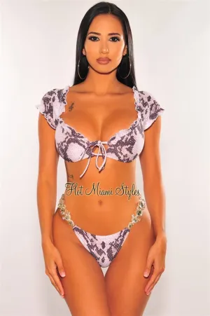 Brown Snake Print Ruffle Jeweled Scrunch Butt Bikini Bottom