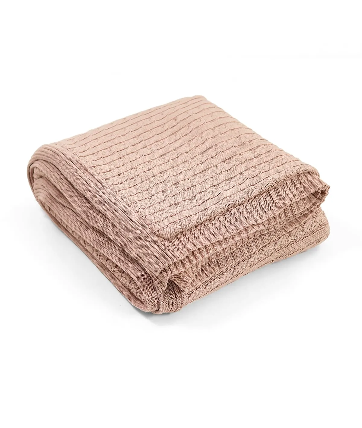 Cable Knit Cotton Knitted Throw Blanket With Warm Sherpa (Cameo Pink)
