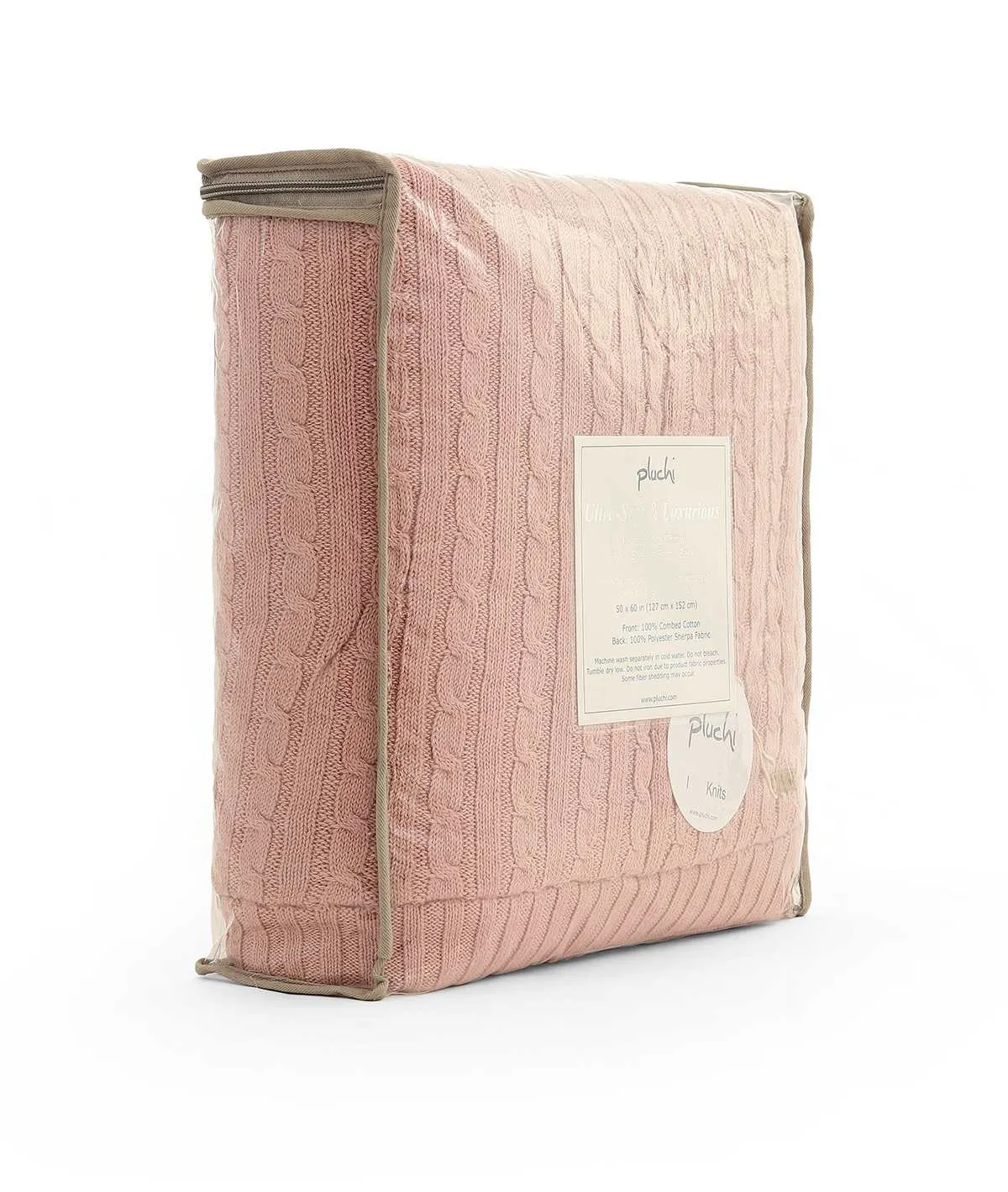Cable Knit Cotton Knitted Throw Blanket With Warm Sherpa (Cameo Pink)