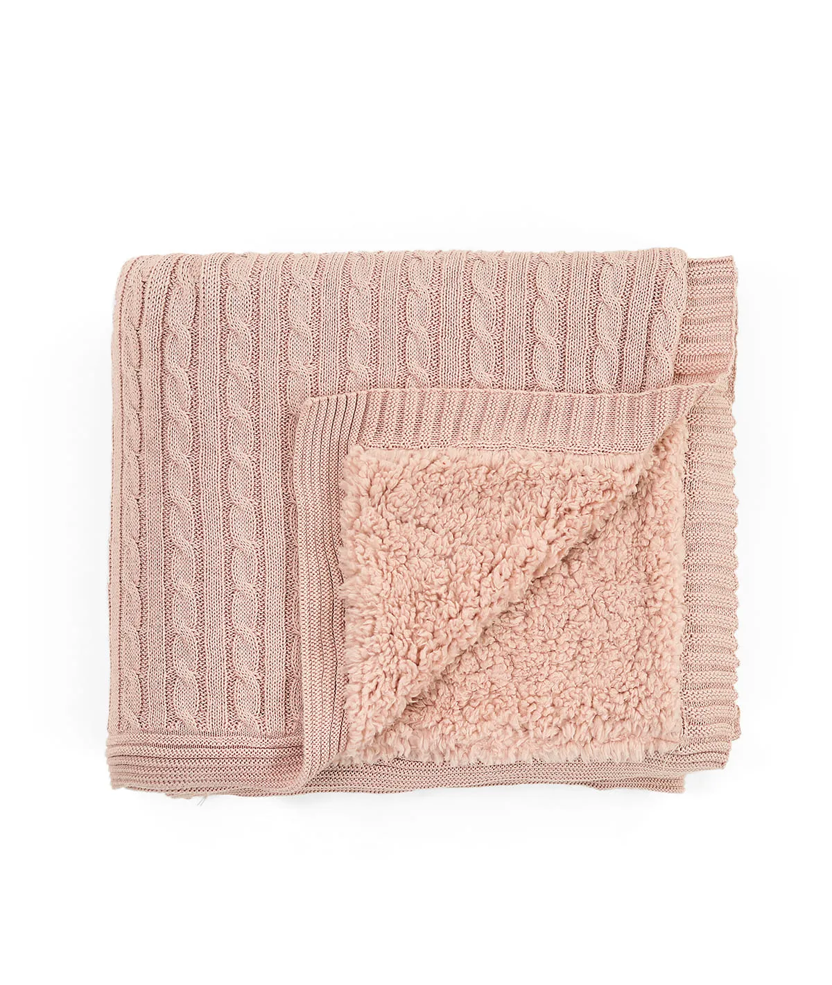 Cable Knit Cotton Knitted Throw Blanket With Warm Sherpa (Cameo Pink)