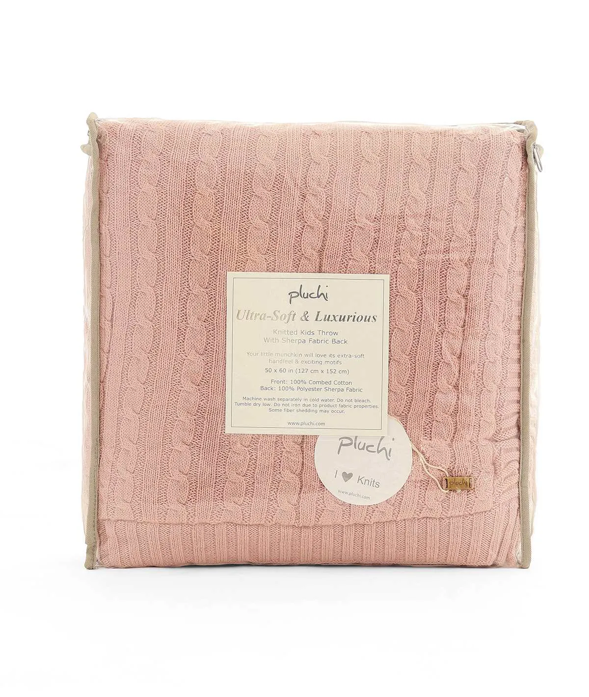 Cable Knit Cotton Knitted Throw Blanket With Warm Sherpa (Cameo Pink)