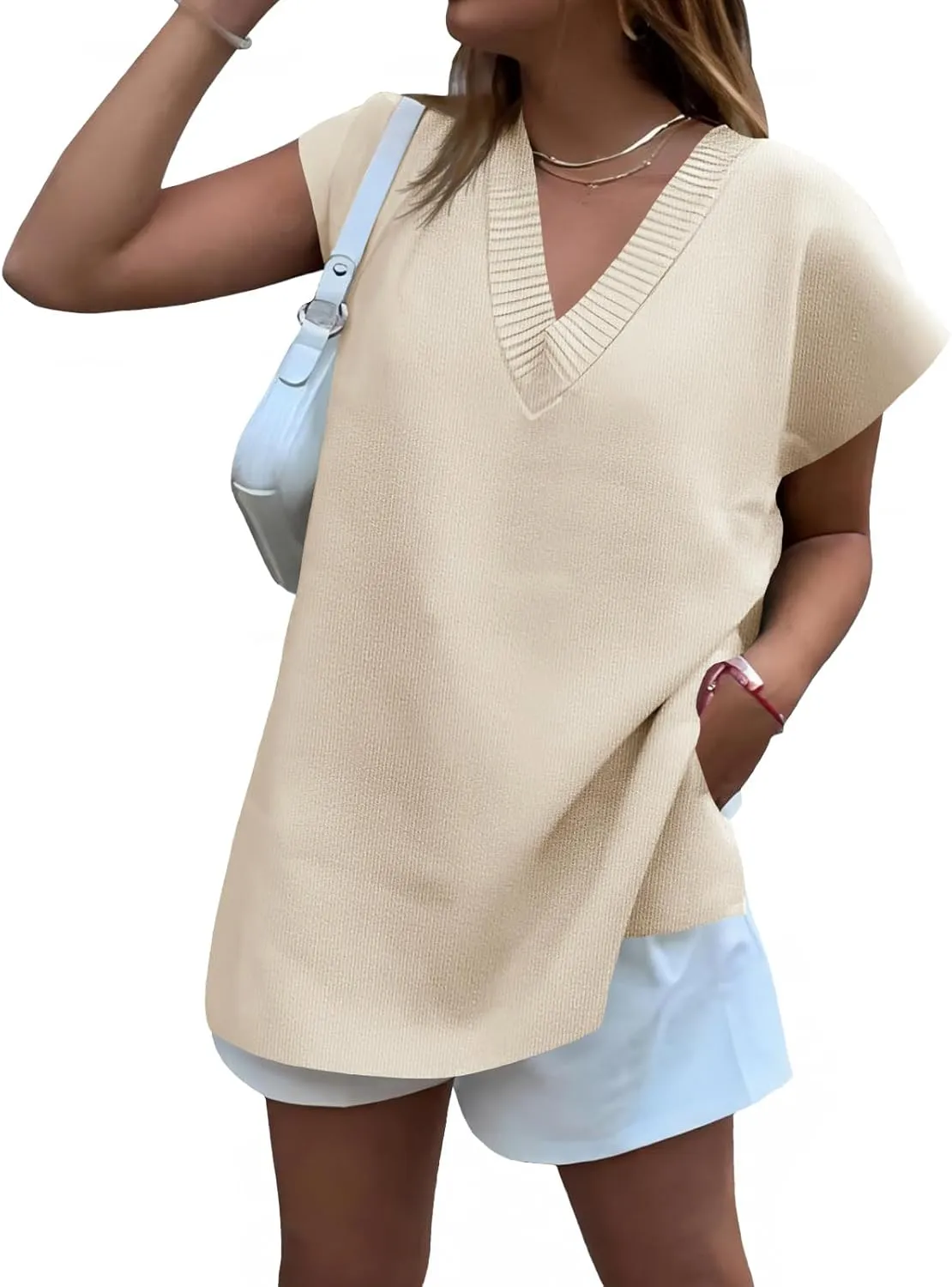 Cicy Bell Womens V Neck Sleeveless Sweater Vest Oversized Ribbed Knit Side Slit Pullover Tank Tops
