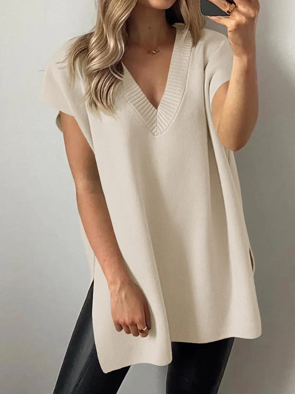 Cicy Bell Womens V Neck Sleeveless Sweater Vest Oversized Ribbed Knit Side Slit Pullover Tank Tops