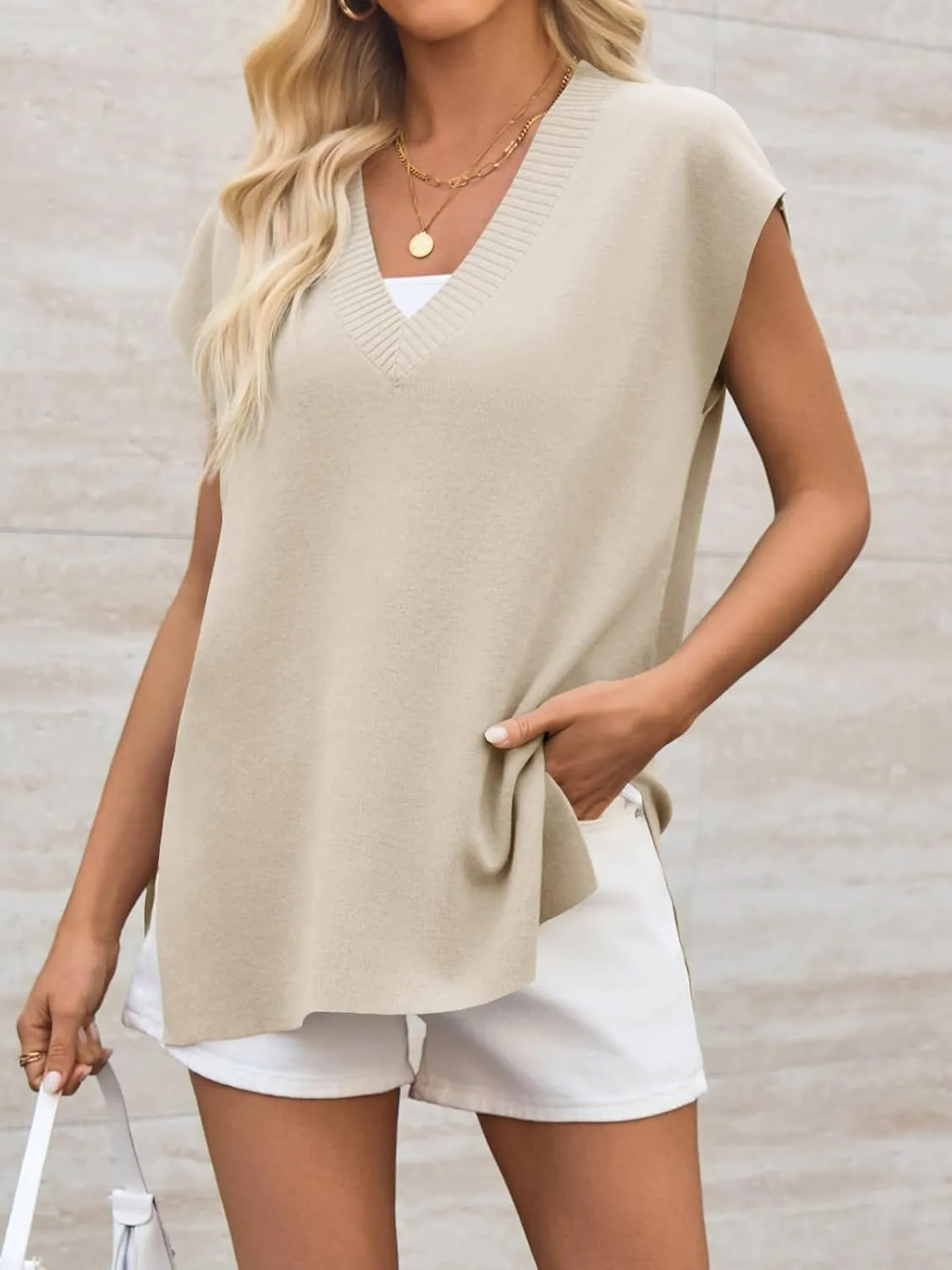 Cicy Bell Womens V Neck Sleeveless Sweater Vest Oversized Ribbed Knit Side Slit Pullover Tank Tops