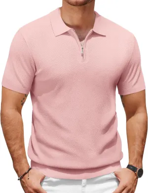 COOFANDY Mens Textured Knit Polo Shirts Zipper Polo Shirts Short Sleeve Casual Lightweight Golf Shirt