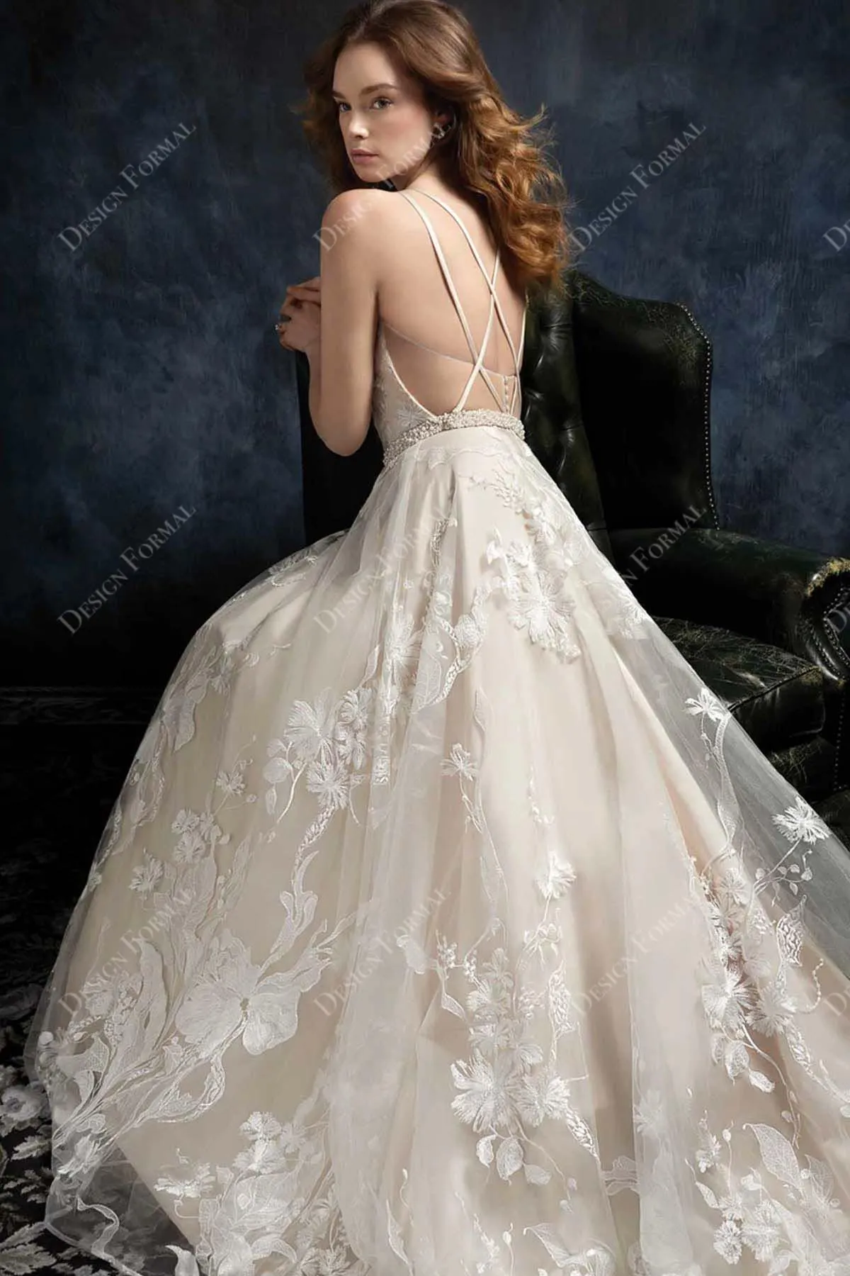 Custom Plunging Sleeveless Lace Champagne Made-to-Order Long Wedding Dress